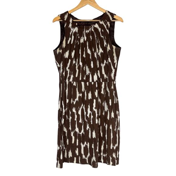 Vintage Linen Brown Neutral Sheath Dress Womens 18 Animal Print Safari High Neck - Picture 1 of 7